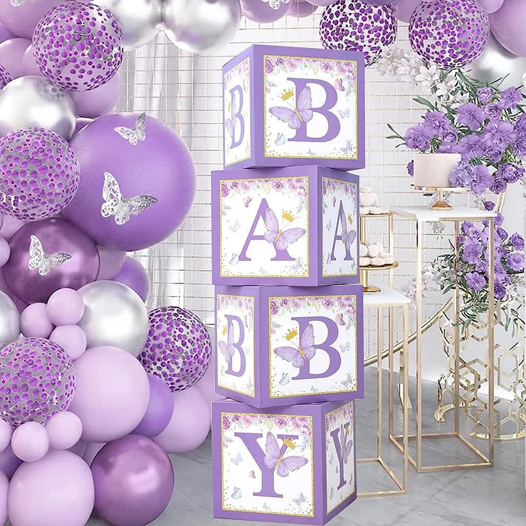 purple butterfly baby shower decor boxes that spell out baby