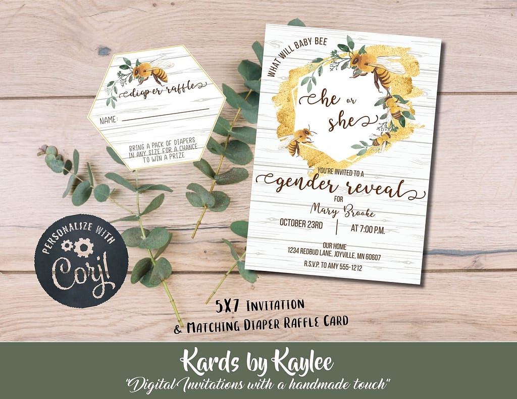 a bee themed gender reveal invitation with realistic looking bumblebee