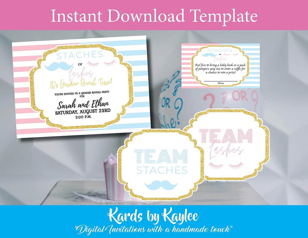 Stashes or Lashes gender reveal printable invitation bundle and team signs