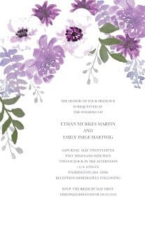 wedding invitation with beautiful purple watercolor flowers 