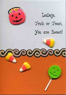 This sweet card is covered in candy embellishments. Personalized with a name