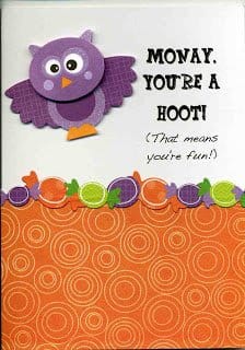 an adorable owl halloween card. Personalized with your kids name.
