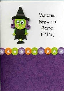 purple halloween card with a witch. Personalized with a name