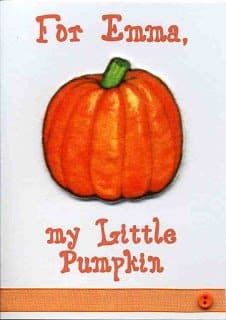 A card with a felt pumpkin on the front. Personalized with your child or grandchild's name.