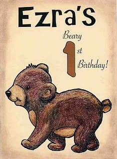 a cute bear on a brown card for a first birthday.