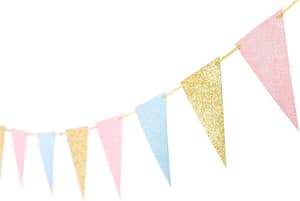 pink, blue, and gold pennant style banner garland