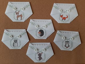 diaper shaped gift card holder for baby shower game prize woodland animals