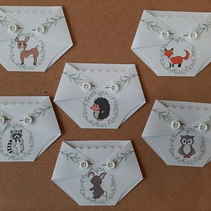 diaper shaped gift card holder for baby shower game prize woodland animals