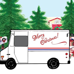 postcard with a mail truck in from of a house surrounded by pine trees