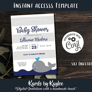 navy and grey whale baby shower invitation