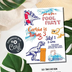 an invitation to a pool party with dinosaurs in pool floats 