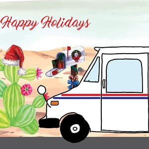 postcard with a Dessert scene and cactus with a llv mail truck