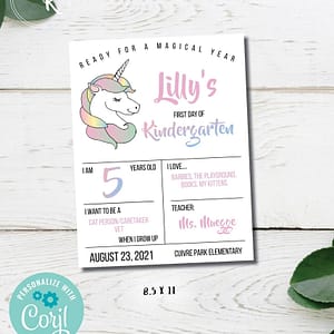 a colorful first day of school sign with unicorn