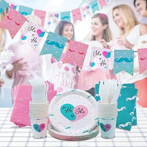 Gender reveal party pack has mustaches and eyelashes