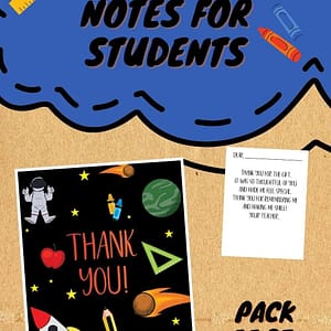thank you note for students with black background and space items mixed with school supplies