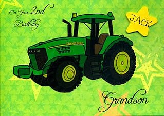 All boys love their toys and especially their tractors. Green tractor on a personalized card with name.