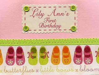 adorable toddler shoes on a pink and green card. Personalized with the childs name and age.