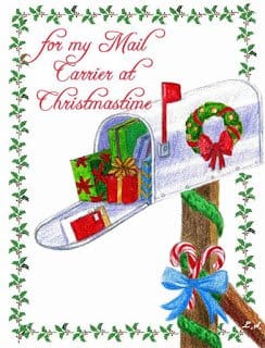 Christmas card for mail carrier with mailbox full of presents