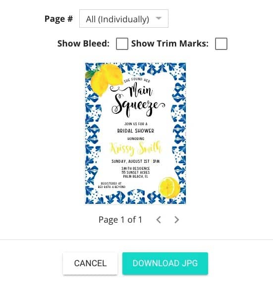 Jpeg download options for print on a lemon bridal shower invitation