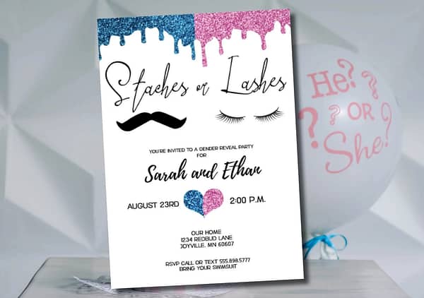 gender reveal invitation with a mustache and eyelashes