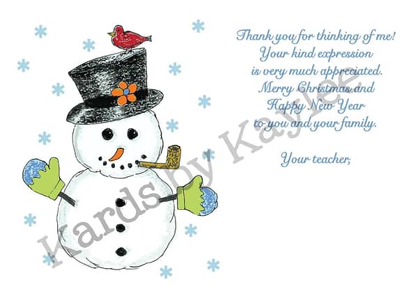 notecard with a snowman drawing with a prewritten thank you message