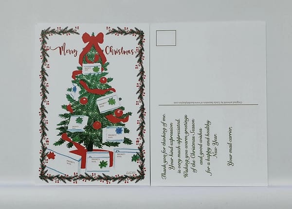 postcard from a mail carrier with a christmas tree decorated with shipping boxes