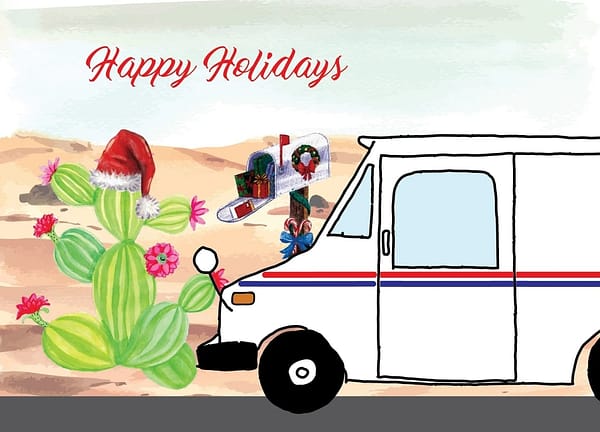 postcard with a Dessert scene and cactus with a llv mail truck