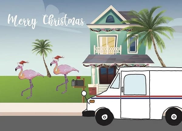postacrd with a tropical scene and flamingos llv truck in front of a house