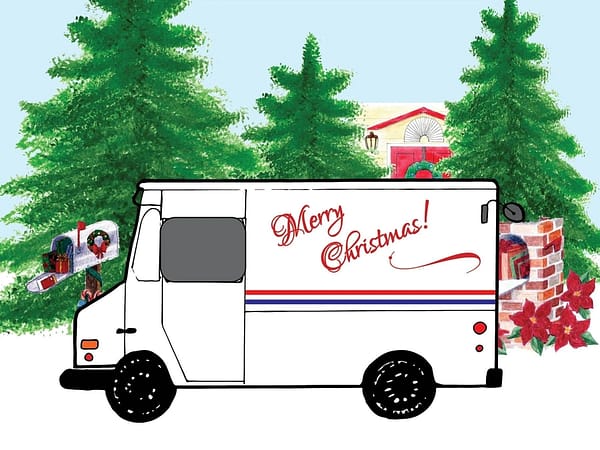 postcard with a mail truck in from of a house surrounded by pine trees
