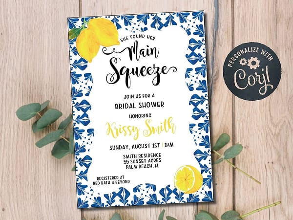 bridal shower invitation with blue tile and lemons