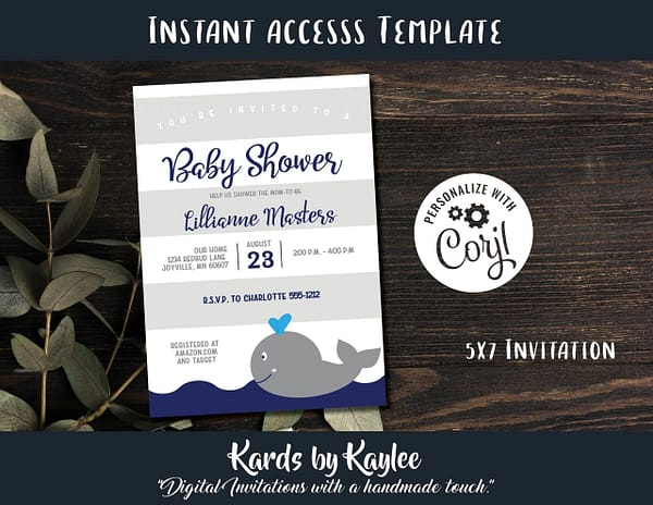 navy and grey whale baby shower invitation