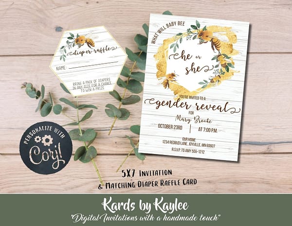 a bee themed gender reveal invitation with realistic looking bee