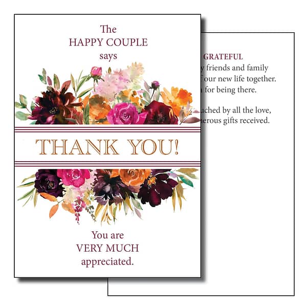 burgundy and gold watercolor floral on a wedding thank you note