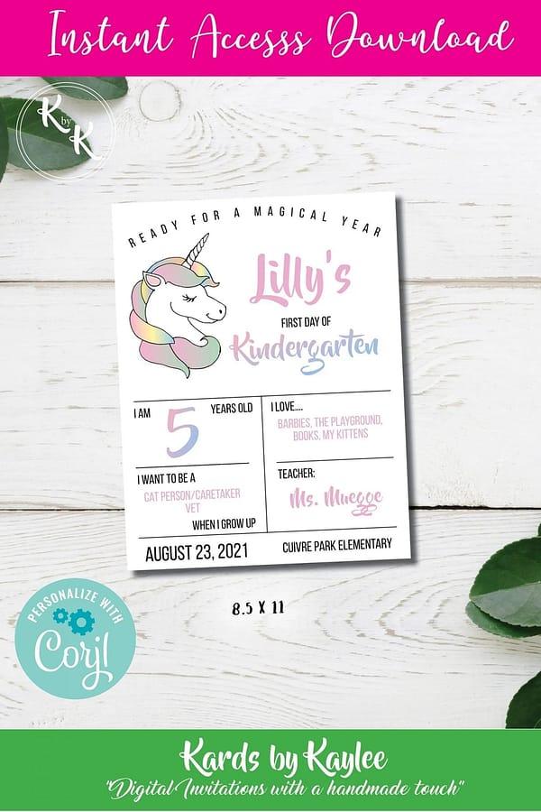 a colorful first day of school sign with unicorn