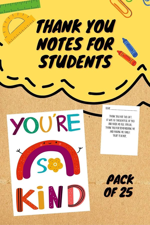 A thank you note with a rainbow in a modern bright color palette with a prewritten message from teachers