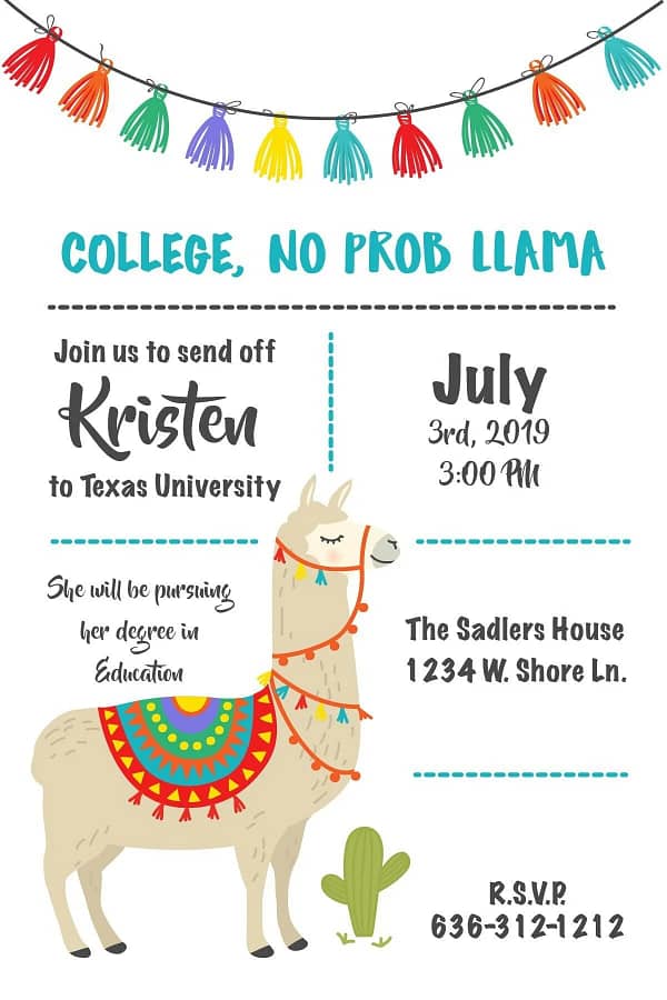 llama themed going off to college invitation
