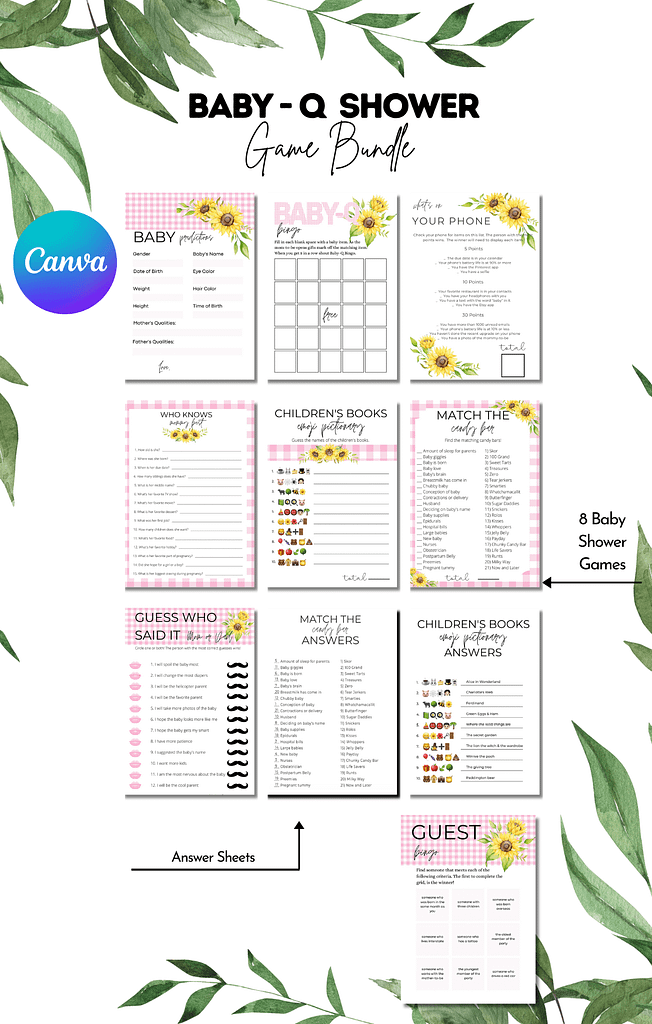 a layout of 8 baby shower games for baby q shower pink plaid and sunflowers