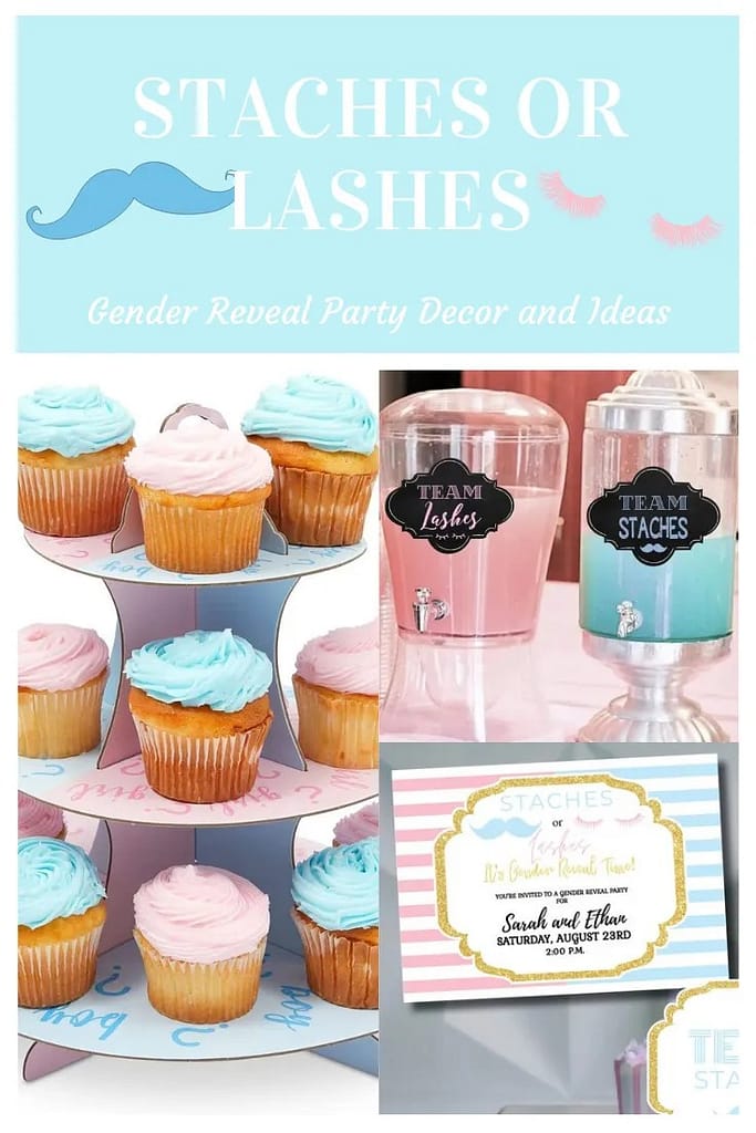 collage of staches or lashed gender reveal items