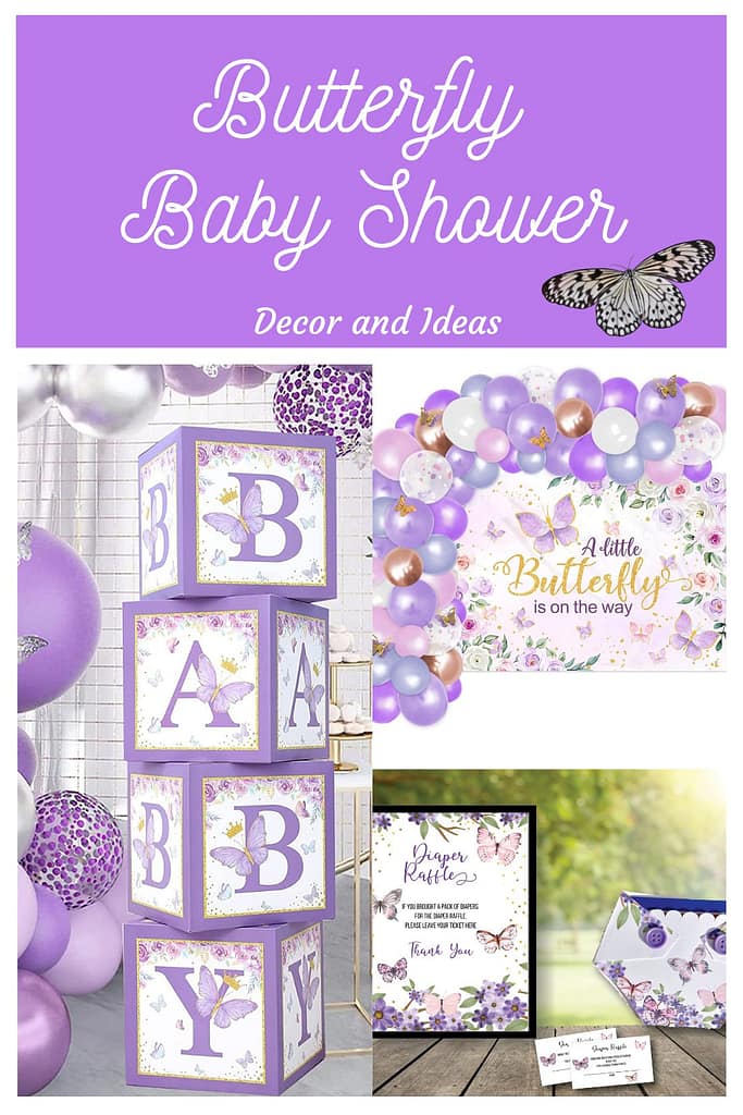 collage of butterfly baby shower decor