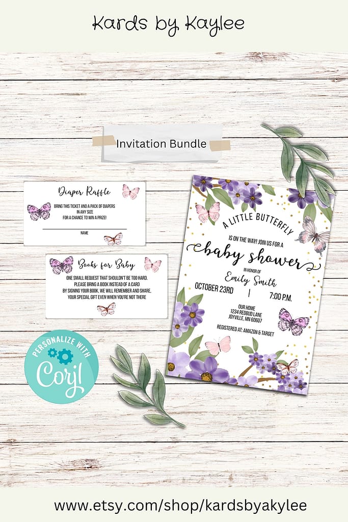 baby shower invitation with pink and purple butterflies and purple flowers