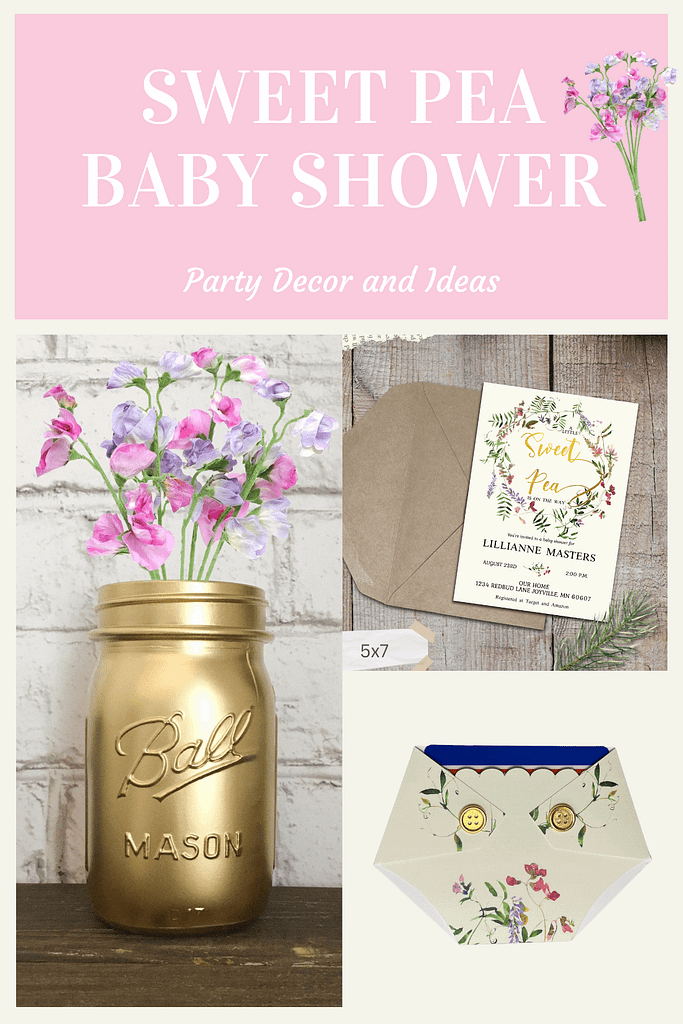 collage of sweet pea baby shower items