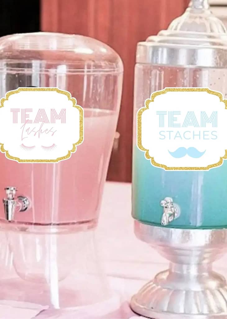 two drink dispensers one filled with pink the other blue for team boy or girl