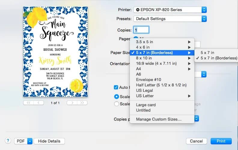 print window open and choosing correct paper size for 5 x 7 invitations