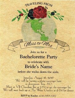 a traveling inspired bridal shower invitation. Traveling from Ms. to Mrs.