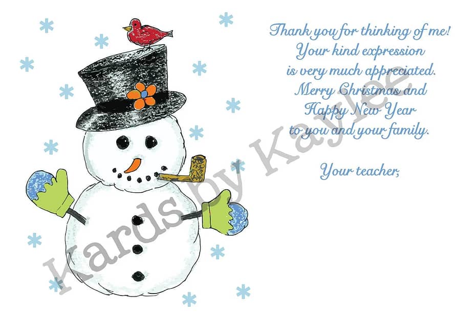 notecard with a snowman drawing with a prewritten thank you message