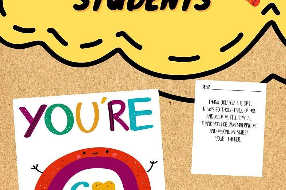 A thank you note with a rainbow in a modern bright color palette with a prewritten message from teachers