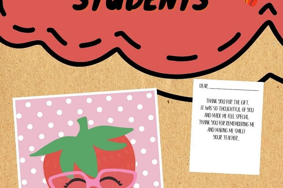A thank you card from teacher with a strawberry on a pink polka dotted background