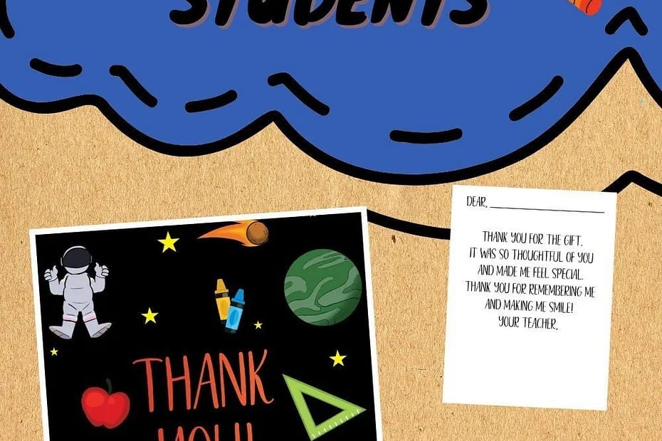 thank you note for students with black background and space items mixed with school supplies