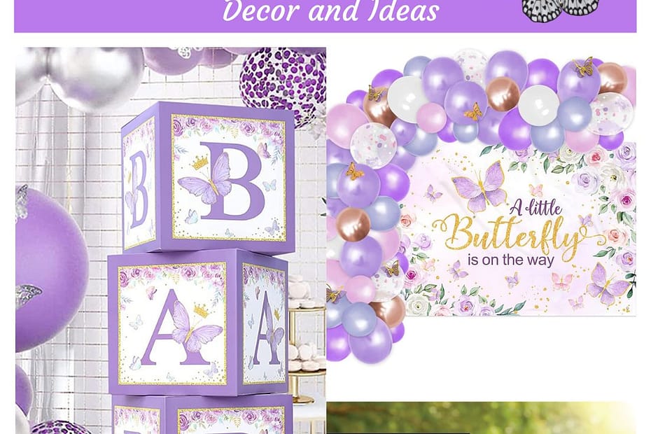 collage of butterfly baby shower decor