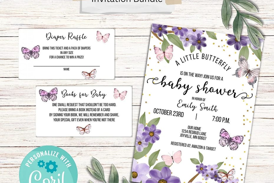baby shower invitation with pink and purple butterflies and purple flowers